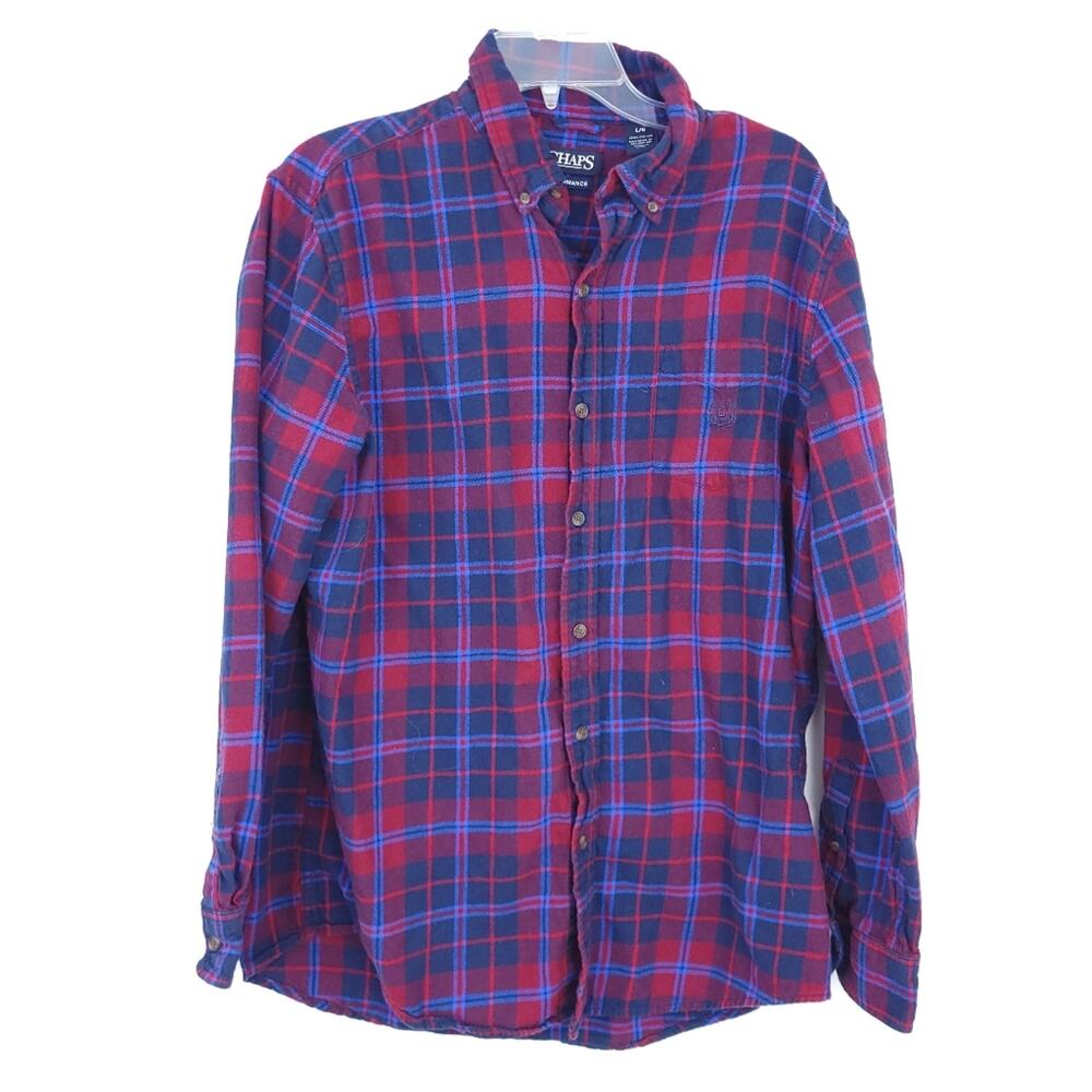 CHAPS Flannel Button Down Collared Shirt Men Size Large Red, Blue Plaid